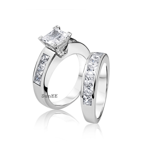 NEW 925 STERLING SILVER ENGAGEMENT RING WEDDING RING DIAMOND SET - Picture 3 of 3